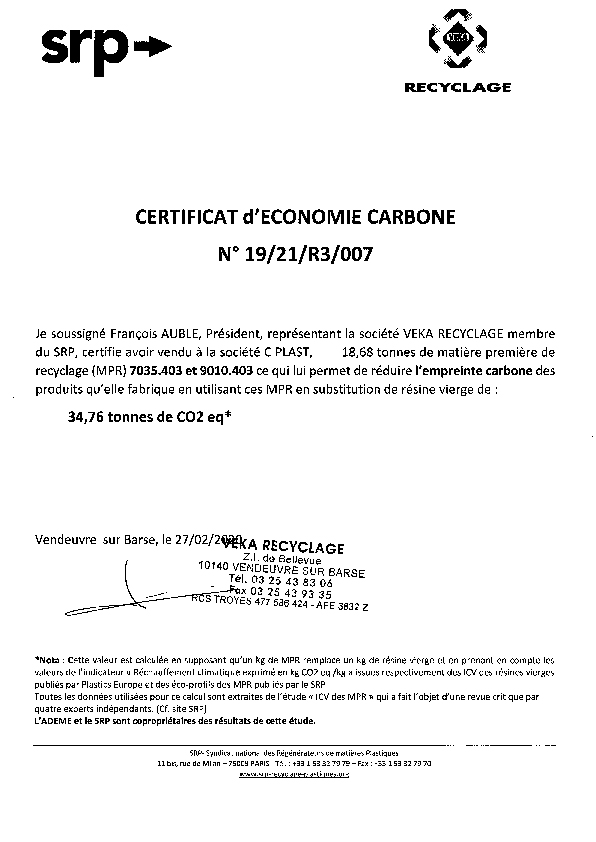 Certificat d'économie Carbone CPLAST